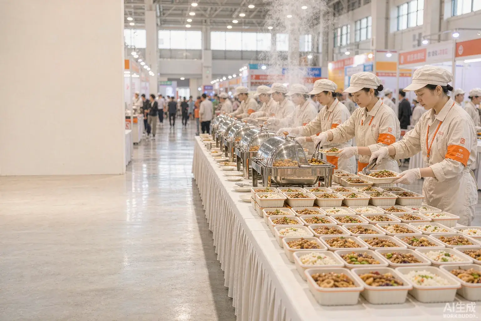 会展中心长条餐台上整齐码放盒饭与自助餐炉,工作人员有序分餐