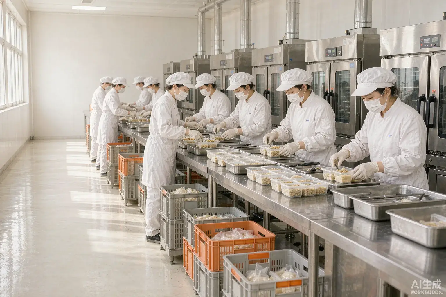 中央厨房不锈钢产线上,戴帽子口罩的员工正在分装餐盒